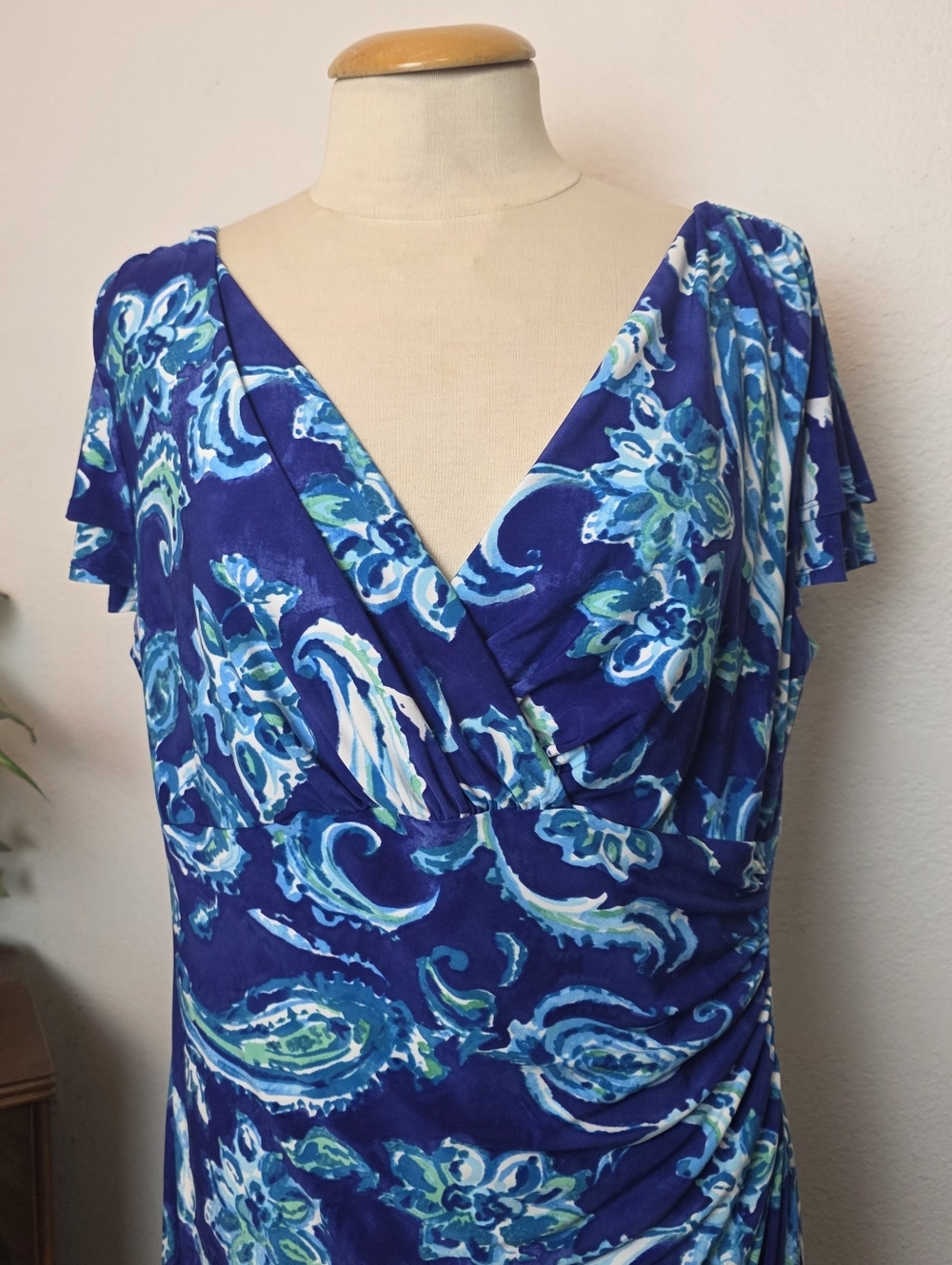 RALPH LAUREN Plus Size 16W Blue Floral Paisley Wrap Dress Stretchy Wedding - Picture 3 of 13